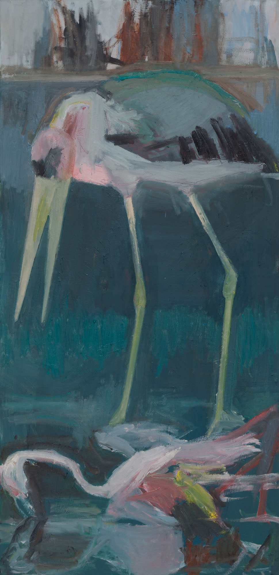 Marabou and Flamingo, painted by Manuel Strasser in 2018, Öl on Leinwand 80cm wide and 165cm high