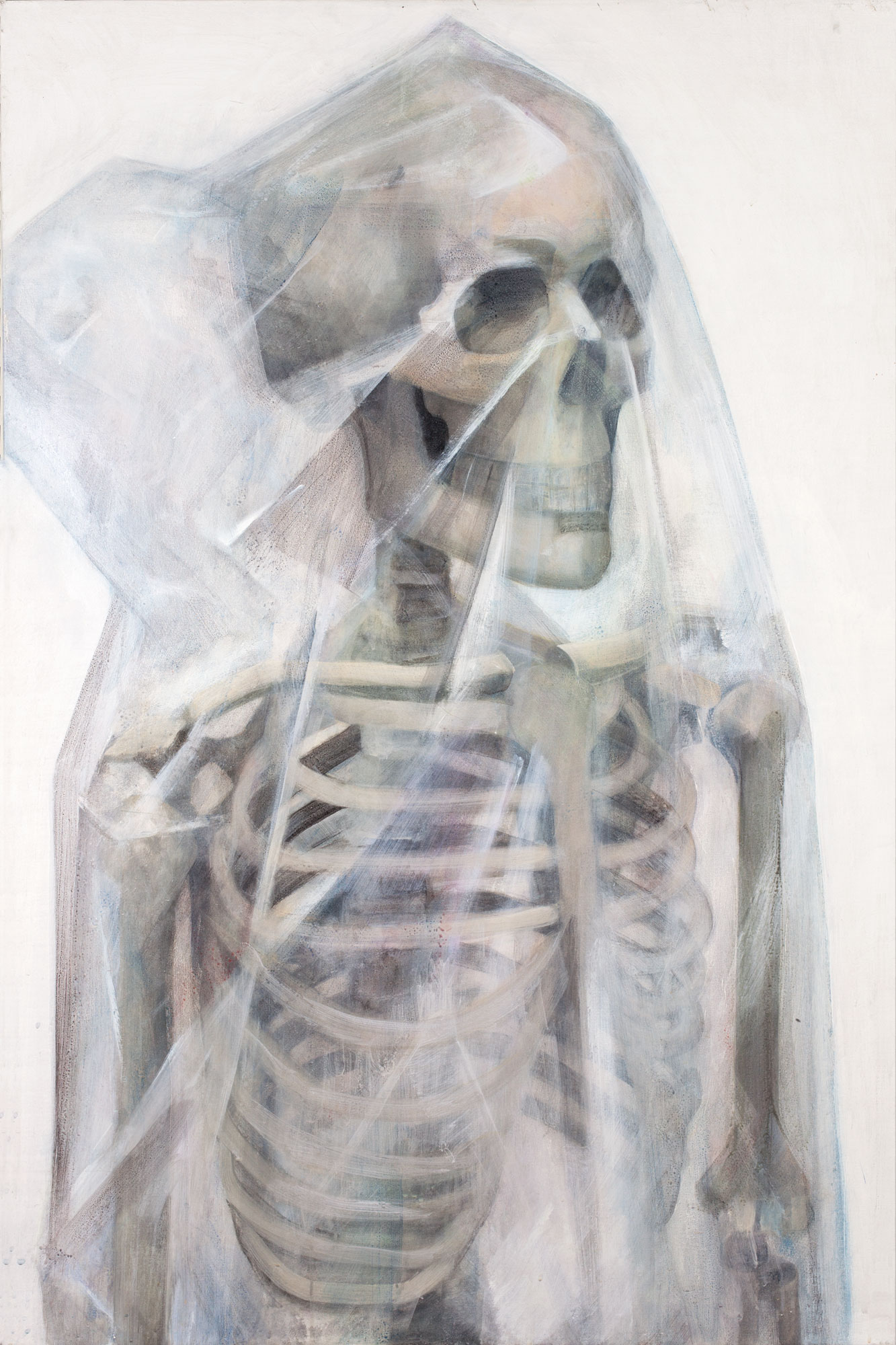 Skelett unter Plastik, painted by Manuel Strasser in 2011, Acryl on Leinwand 80cm wide and 120cm high