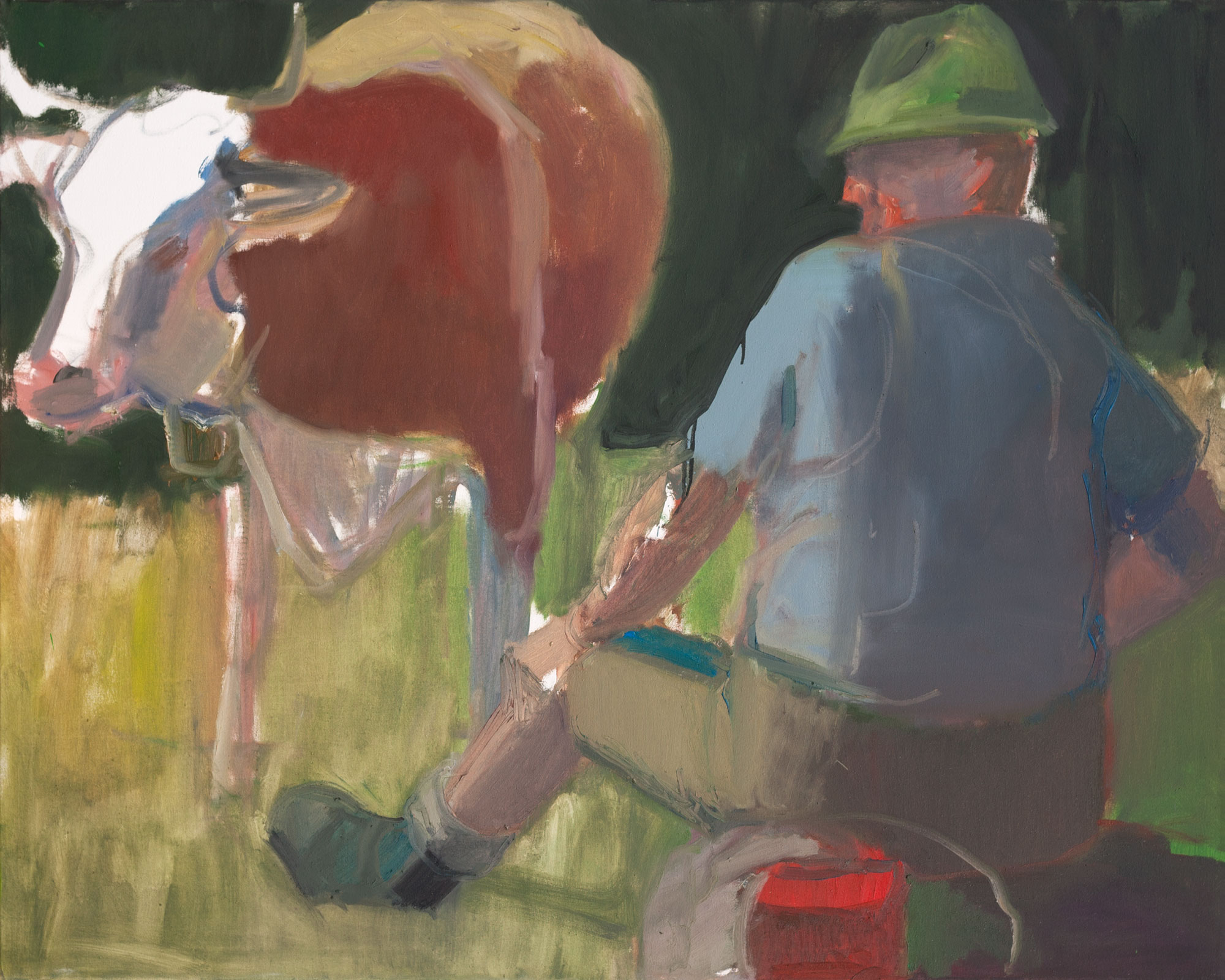 Bauer und Kuh, painted by Manuel Strasser in 2019, Öl on Leinwand 150cm wide and 120cm high