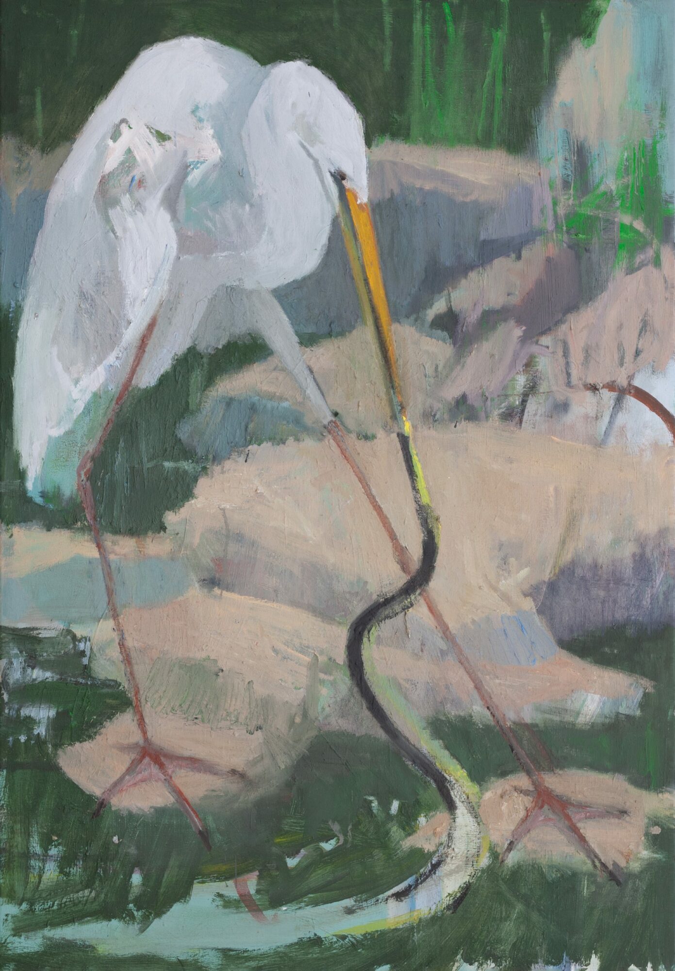 Reiher und Schlange, painted by Manuel Strasser in 2020, Öl on Leinwand 80cm wide and 115cm high