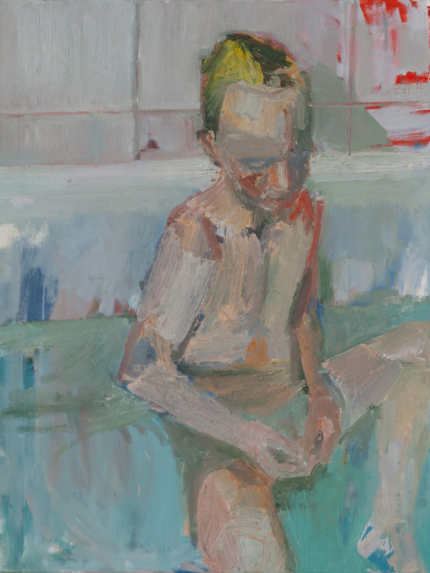 Nils in Badewanne, painted by Manuel Strasser in 2020, Öl on Leinwand 60cm wide and 80cm high