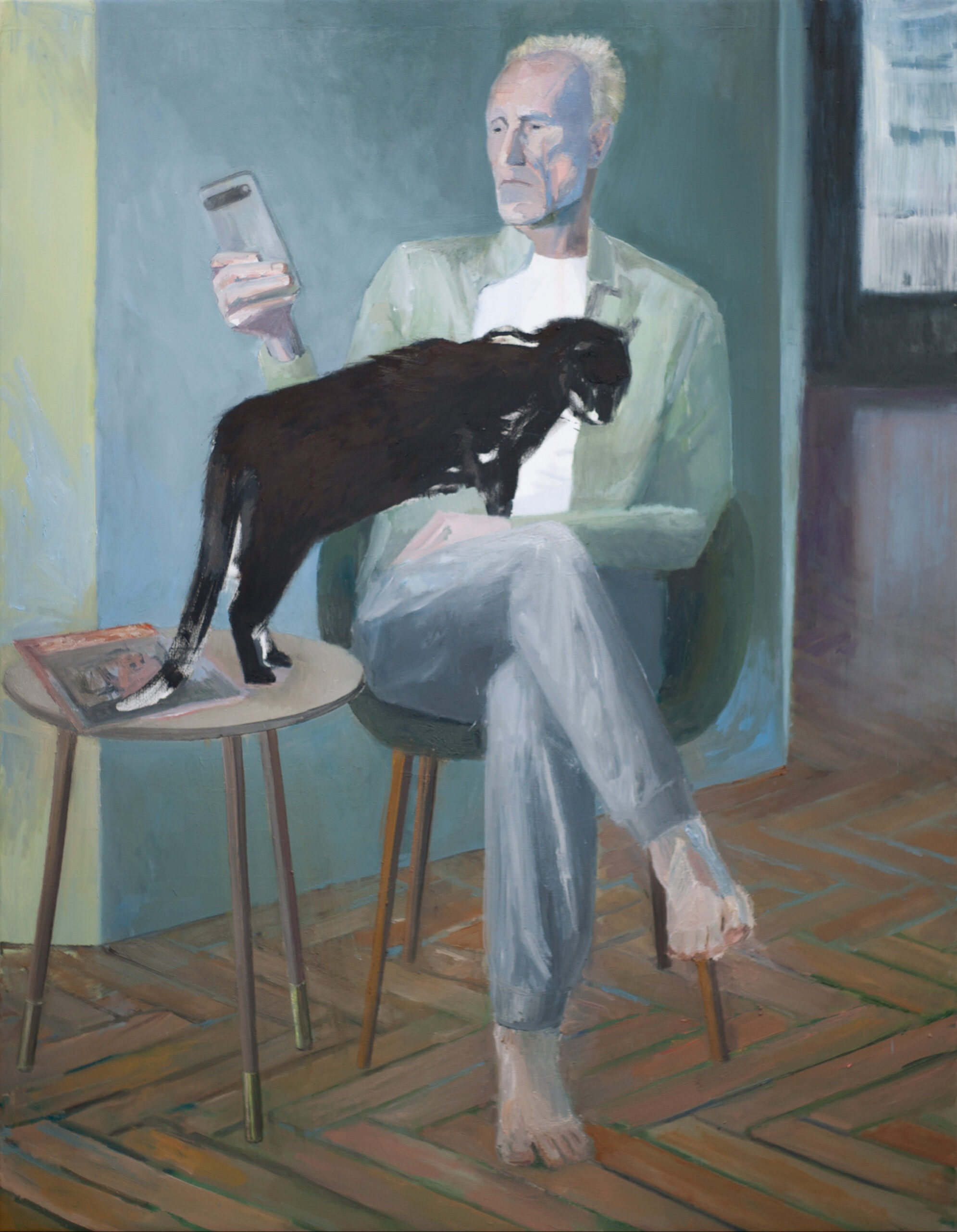 Alex und Katze, painted by Manuel Strasser in 2024, Öl on Leinwand 140cm wide and 180cm high