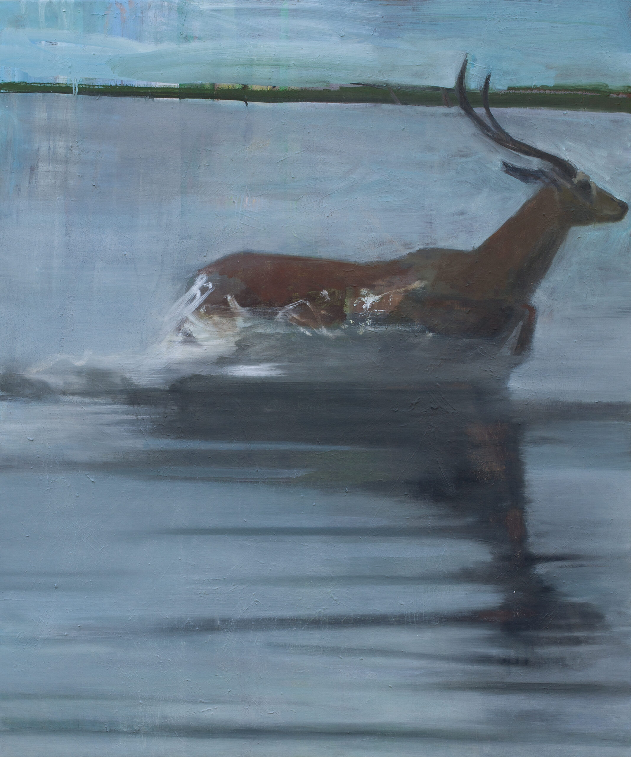 Antilope im Wasser, painted by Manuel Strasser in 2025, Öl on Leinwand 150cm wide and 180cm high