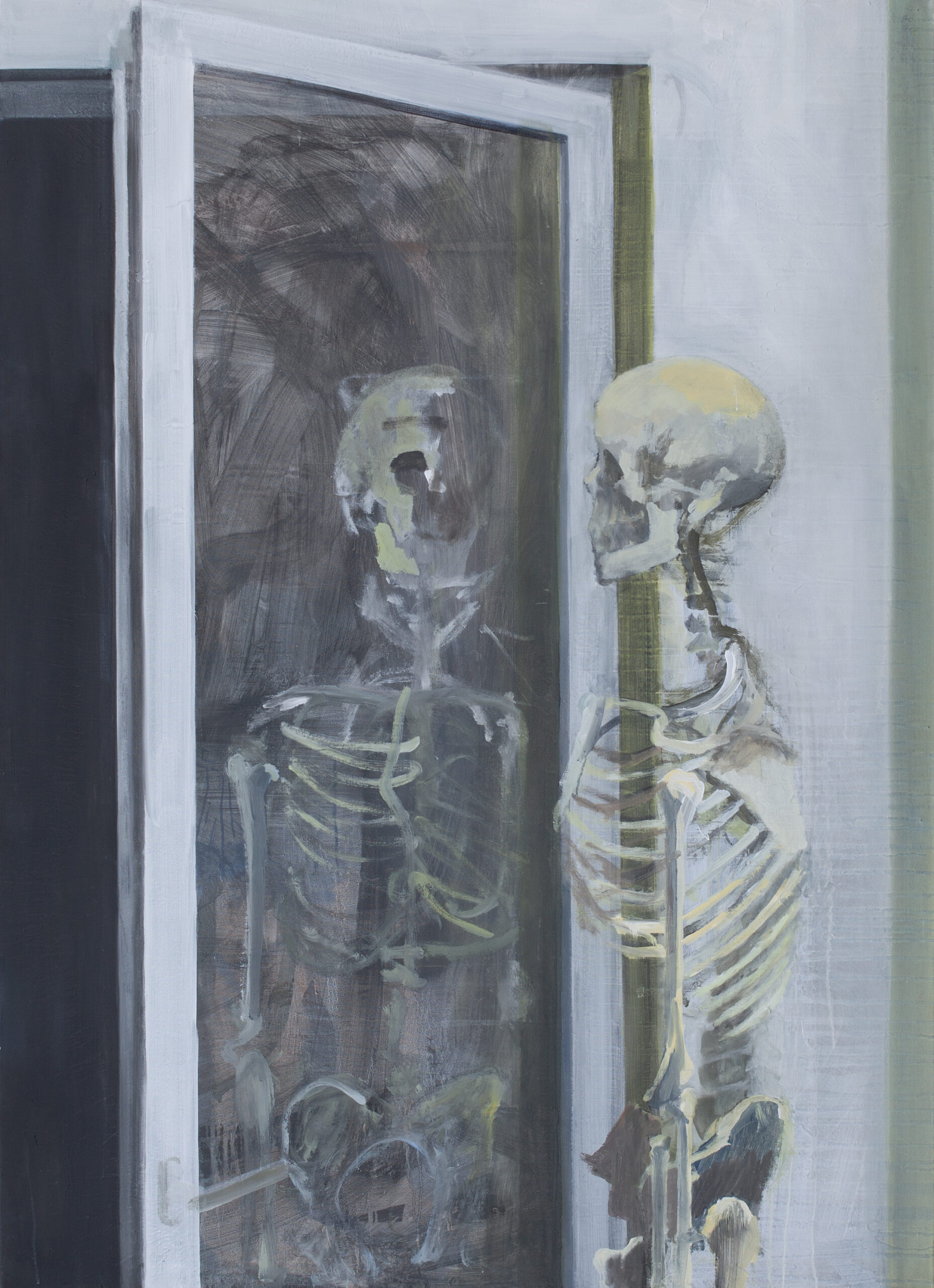 Skelett und Spiegelung, painted by Manuel Strasser in 2024, Acryl on Leinwand 145cm wide and 200cm high