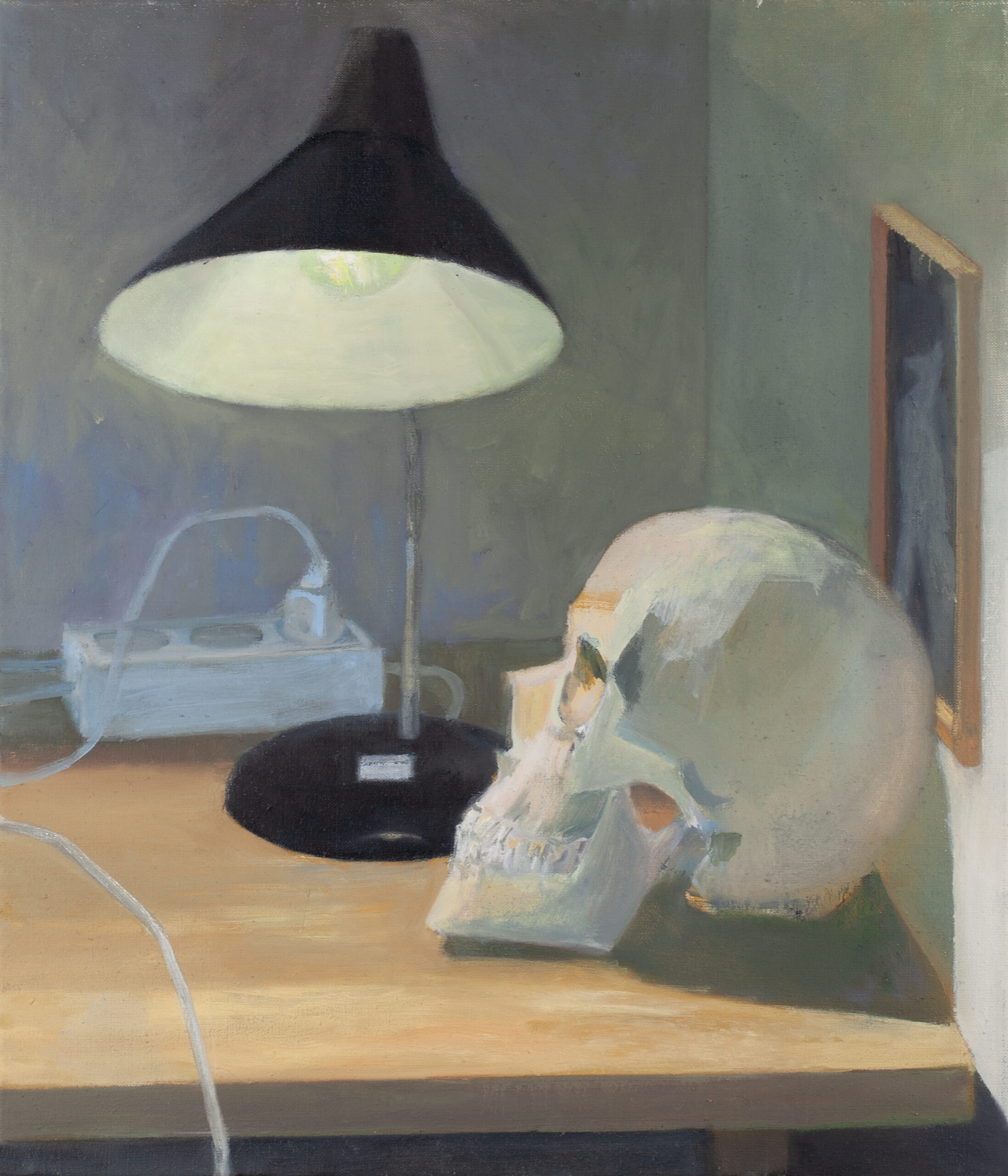 Skull and Lamp, painted by Manuel Strasser in 2025, Öl on Leinwand 60cm wide and 70cm high